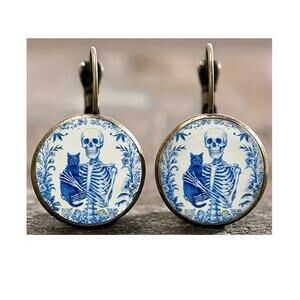 Gothic Alloy Round Skull Hugging Cat Earrings Whimsygoth Blue Gold Tone Jewelry